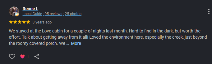 Google review for At Living Water Cabins