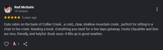 Google review for At Living Water Cabins